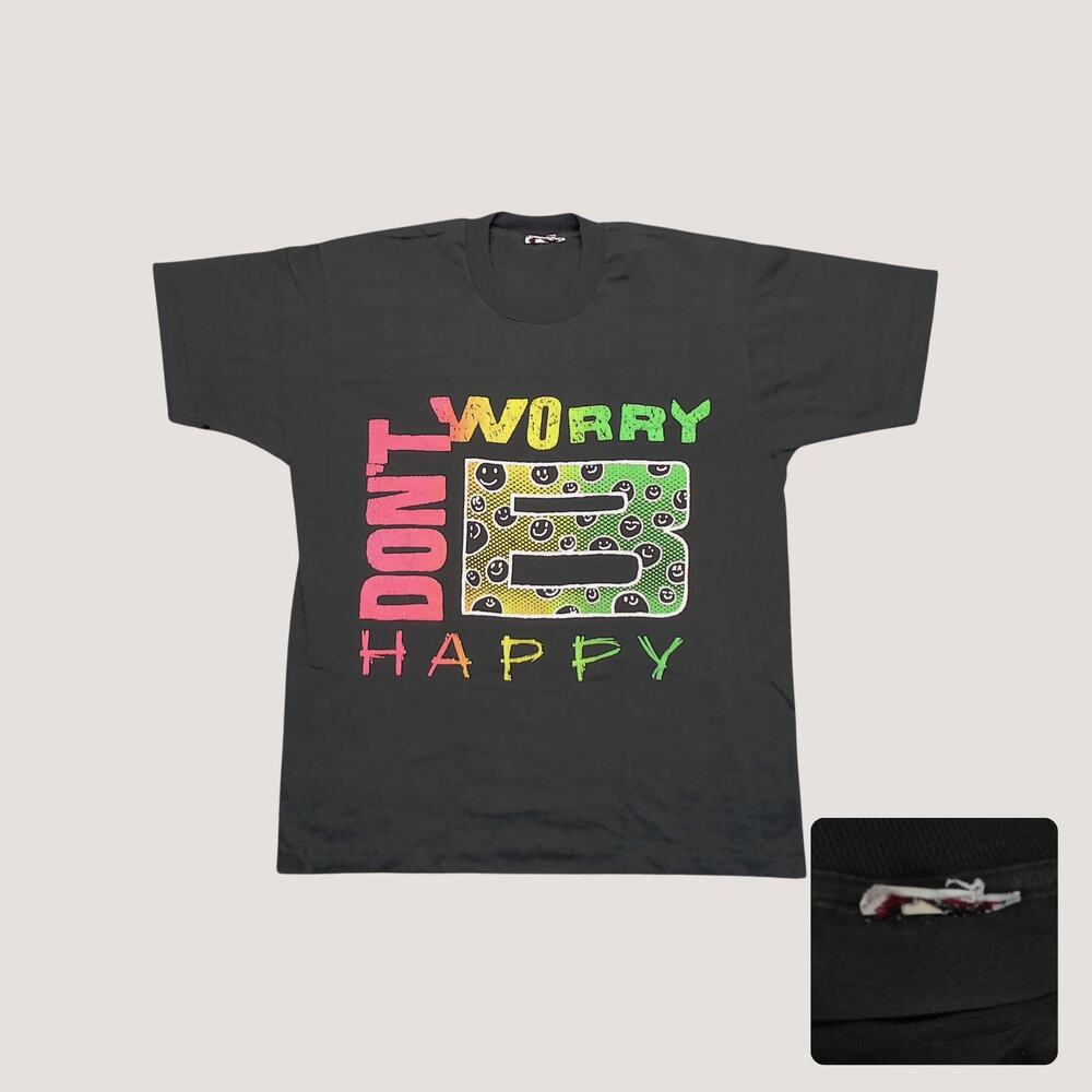 Vintage 90s Dont Worry B Happy Neon Smiley Face Single Stitch Tee XL